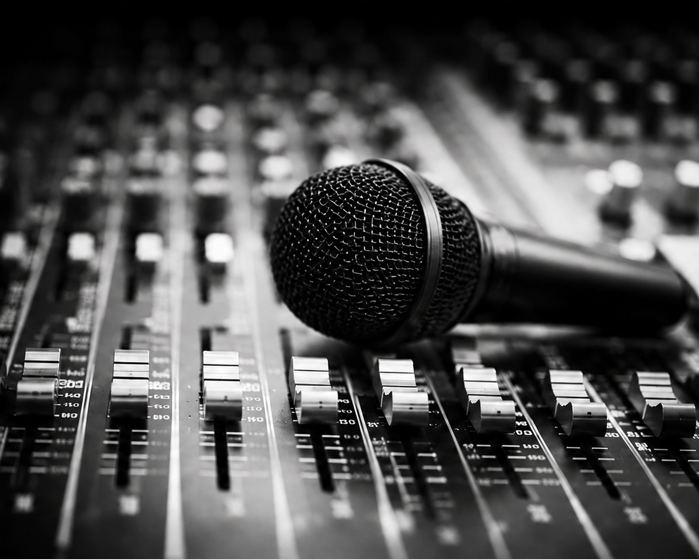 Professional audio mixing console with microphone on top